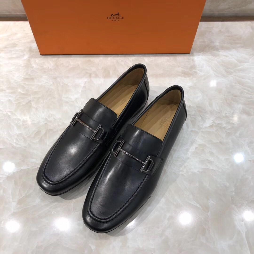 Hermes Black Leather Perfect Quality Loafers With Silver Buckle MS07794