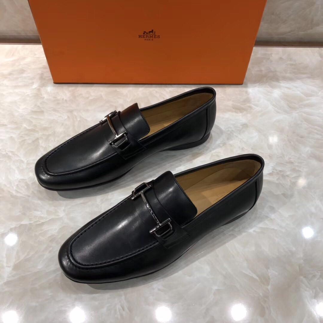 Hermes Black Leather Perfect Quality Loafers With Silver Buckle MS07794