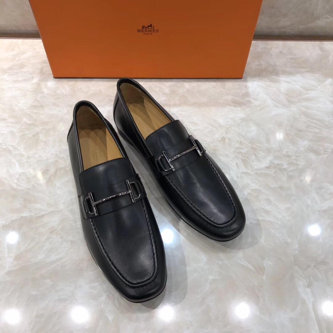 Hermes Black Leather Perfect Quality Loafers With Silver Buckle MS07794