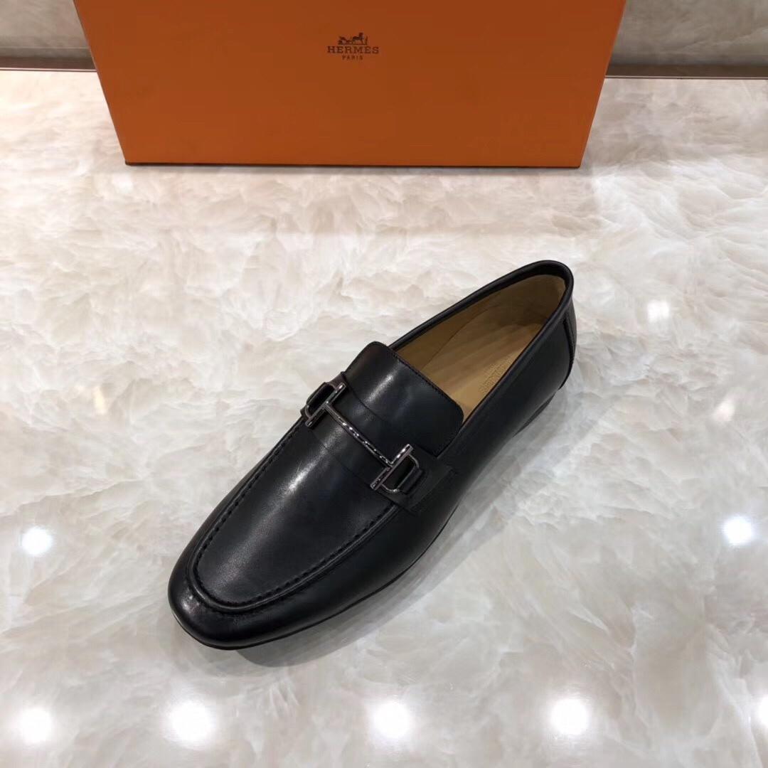 Hermes Black Leather Perfect Quality Loafers With Silver Buckle MS07794