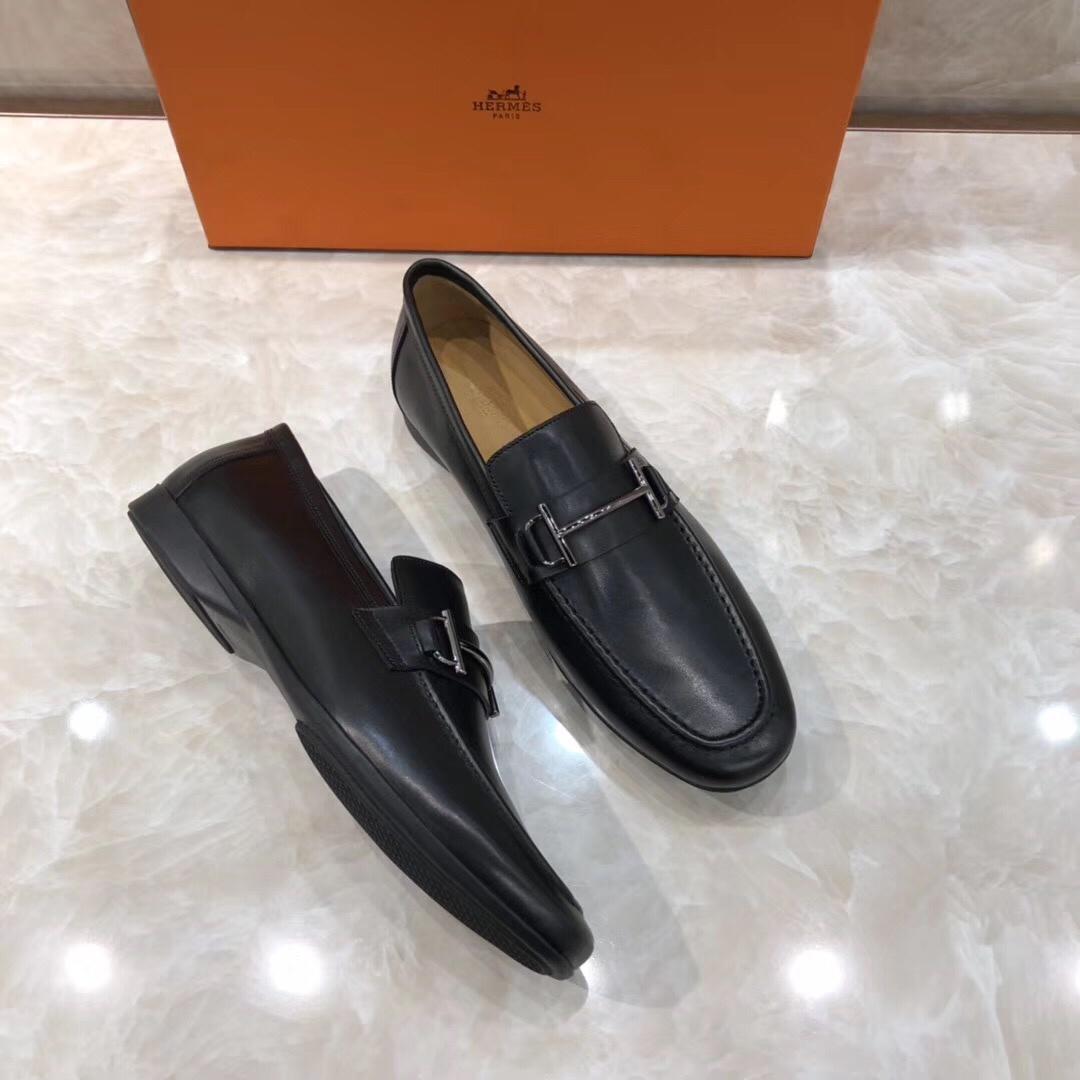 Hermes Black Leather Perfect Quality Loafers With Silver Buckle MS07794