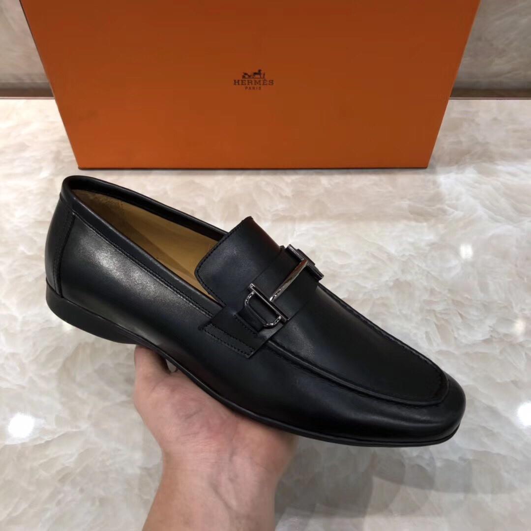 Hermes Black Leather Perfect Quality Loafers With Silver Buckle MS07794