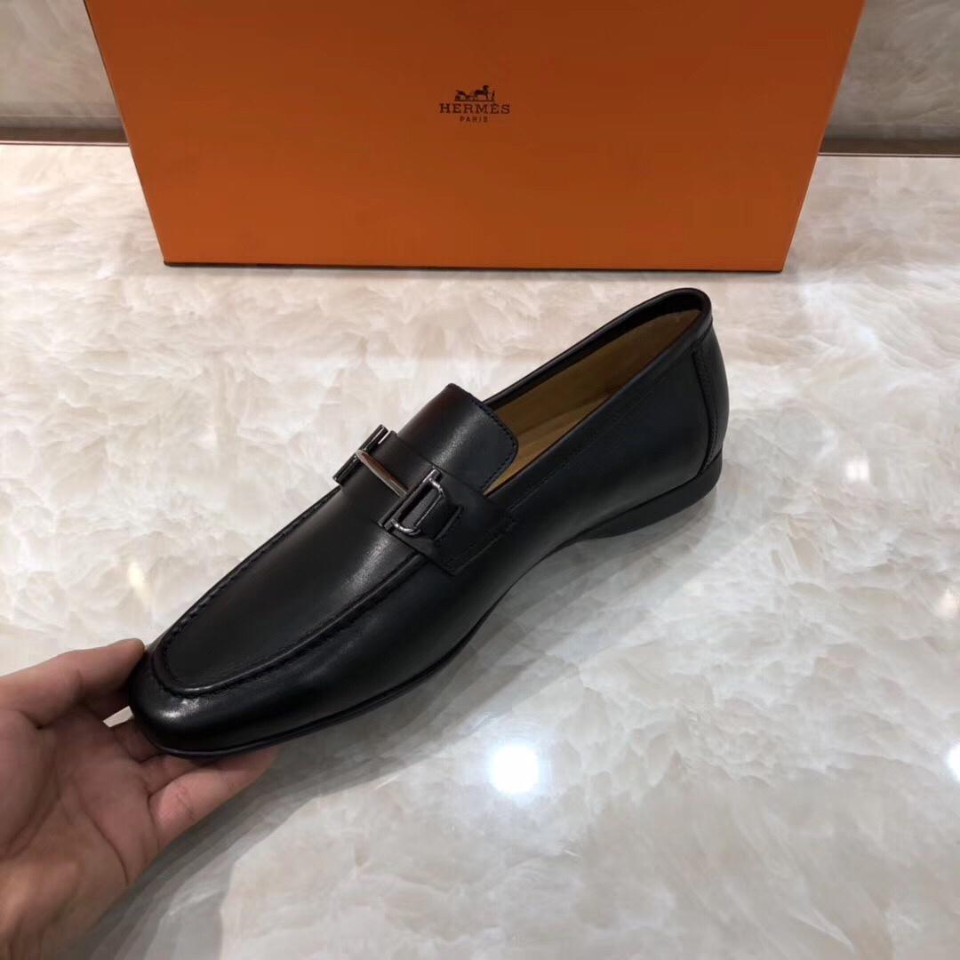 Hermes Black Leather Perfect Quality Loafers With Silver Buckle MS07794