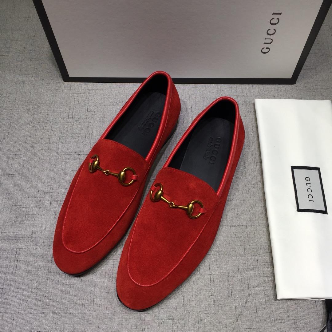 Gucci Red Suede Leather Perfect Quality Loafers With Golden Buckle MS07603