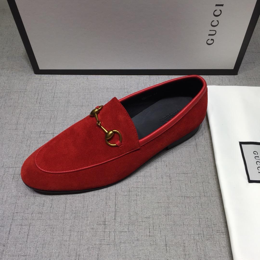 Gucci Red Suede Leather Perfect Quality Loafers With Golden Buckle MS07603