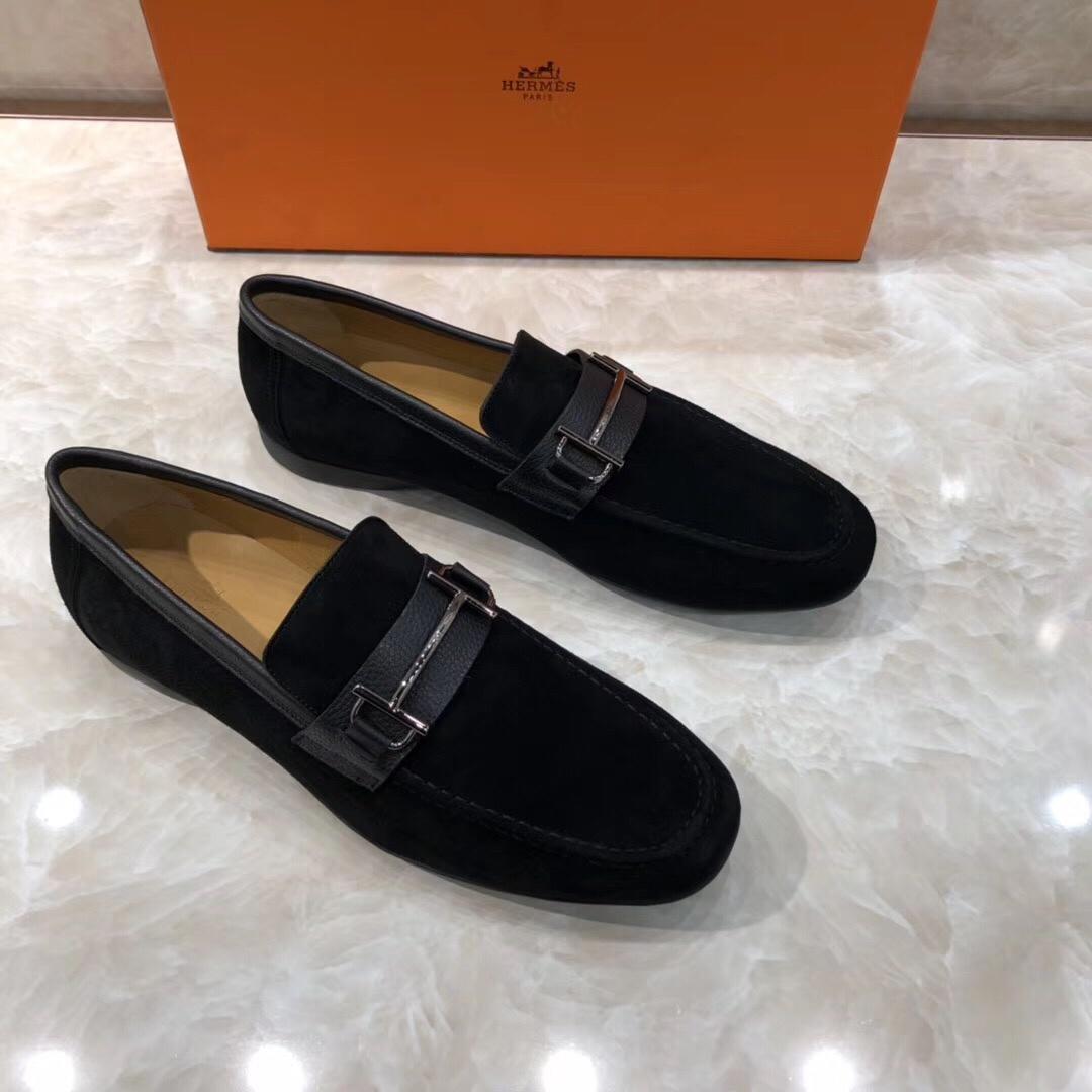 Hermes Black Suede leather Perfect Quality Loafers With Silver Buckle MS07793