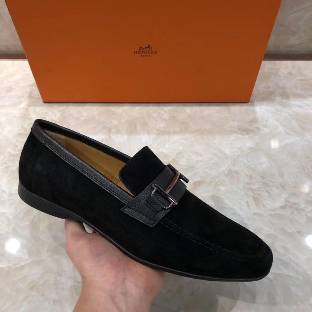Hermes Black Suede leather Perfect Quality Loafers With Silver Buckle MS07793