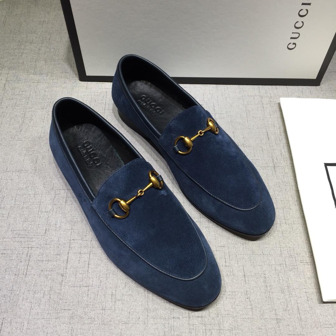 Gucci Blue Suede Leather Perfect Quality Loafers With Golden Buckle MS07602