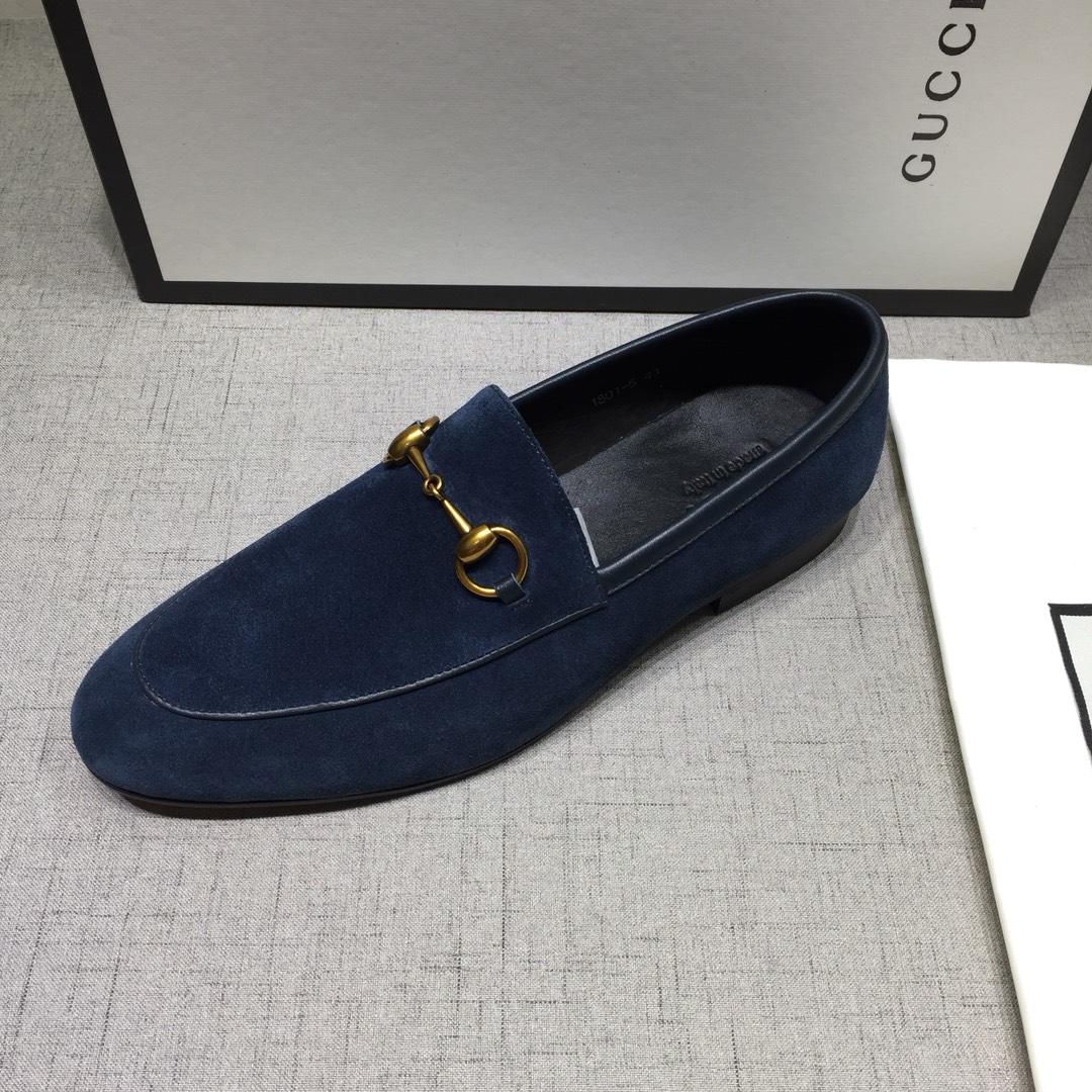 Gucci Blue Suede Leather Perfect Quality Loafers With Golden Buckle MS07602