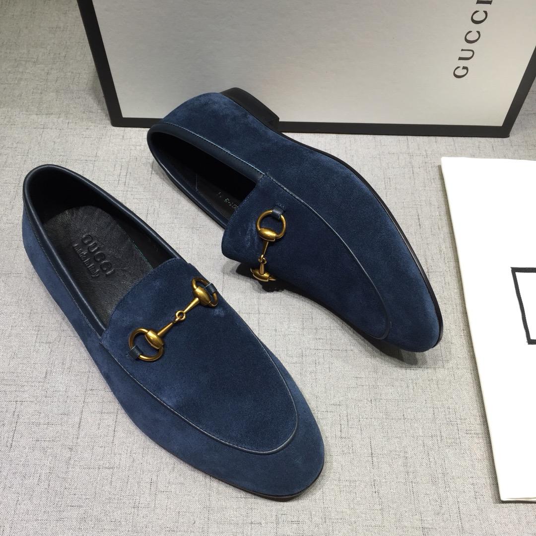 Gucci Blue Suede Leather Perfect Quality Loafers With Golden Buckle MS07602