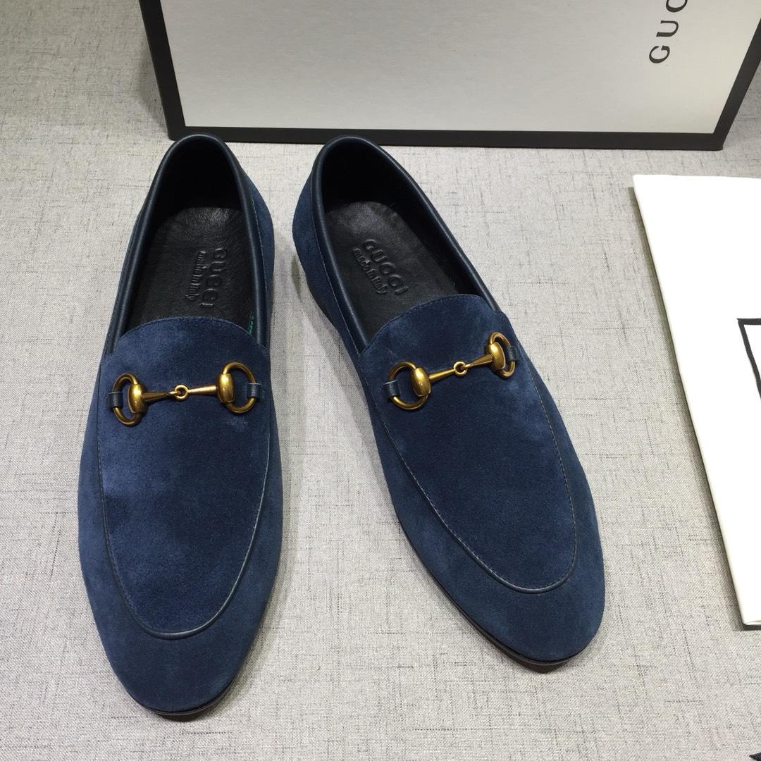 Gucci Blue Suede Leather Perfect Quality Loafers With Golden Buckle MS07602