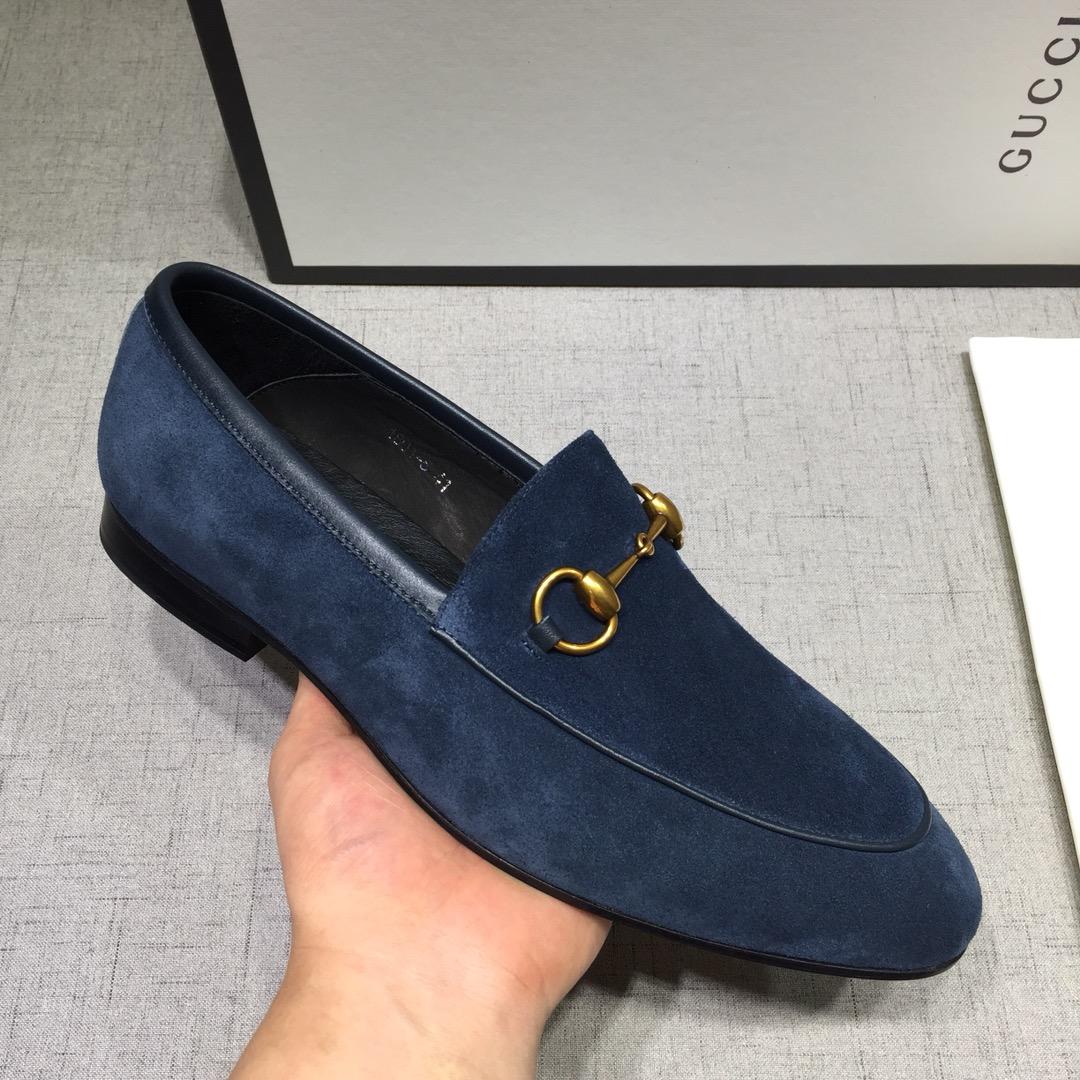 Gucci Blue Suede Leather Perfect Quality Loafers With Golden Buckle MS07602