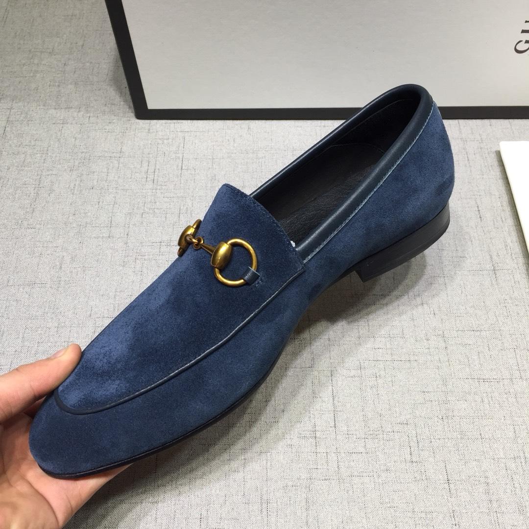 Gucci Blue Suede Leather Perfect Quality Loafers With Golden Buckle MS07602