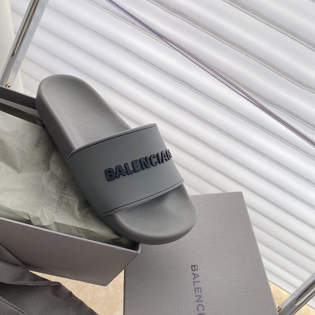 Balenciaga Pool Slides in Gray with black logo