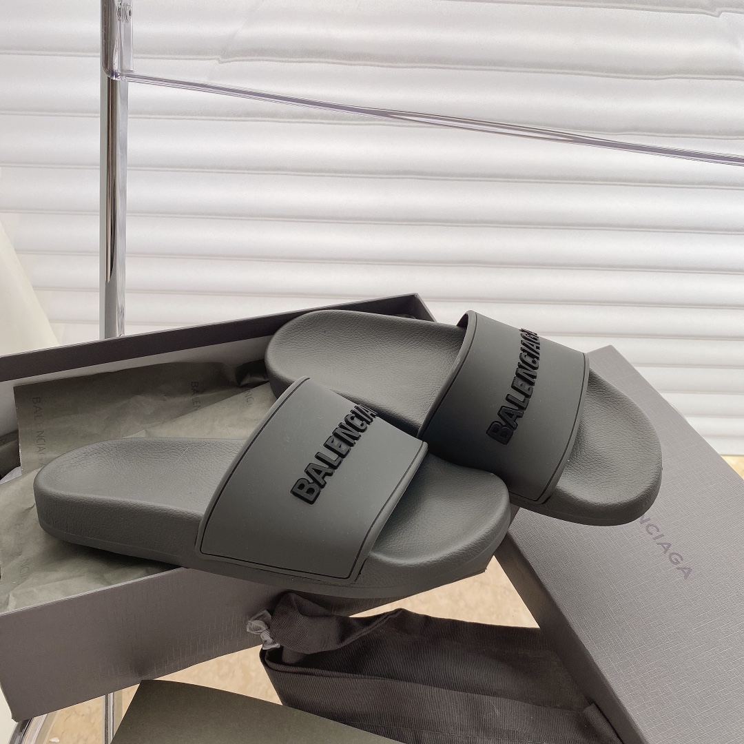 Balenciaga Pool Slides in Gray with black logo