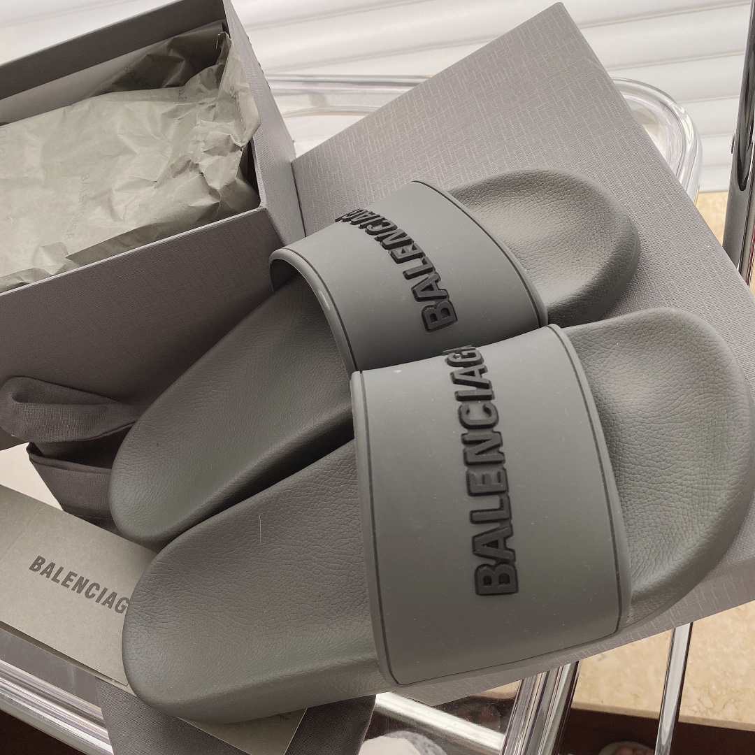 Balenciaga Pool Slides in Gray with black logo