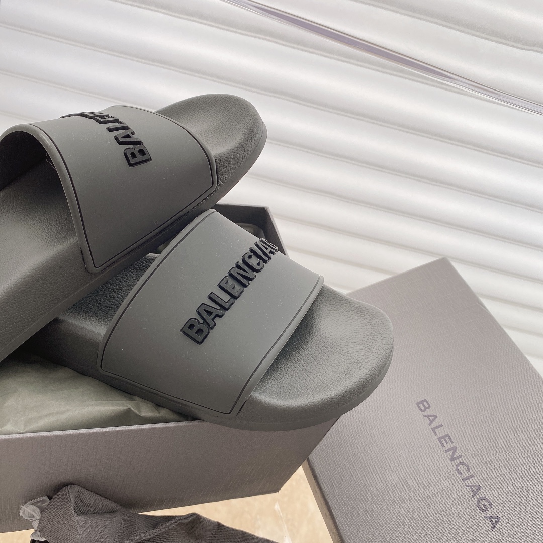 Balenciaga Pool Slides in Gray with black logo