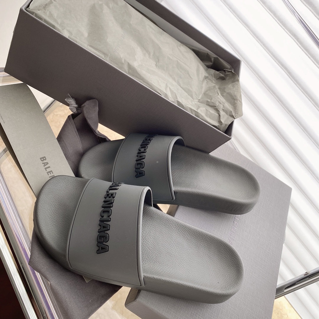 Balenciaga Pool Slides in Gray with black logo