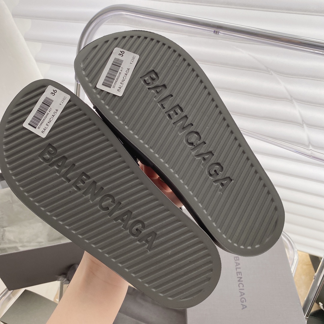 Balenciaga Pool Slides in Gray with black logo