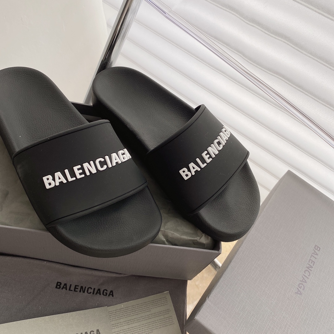 Balenciaga Pool Slides in Black with white logo