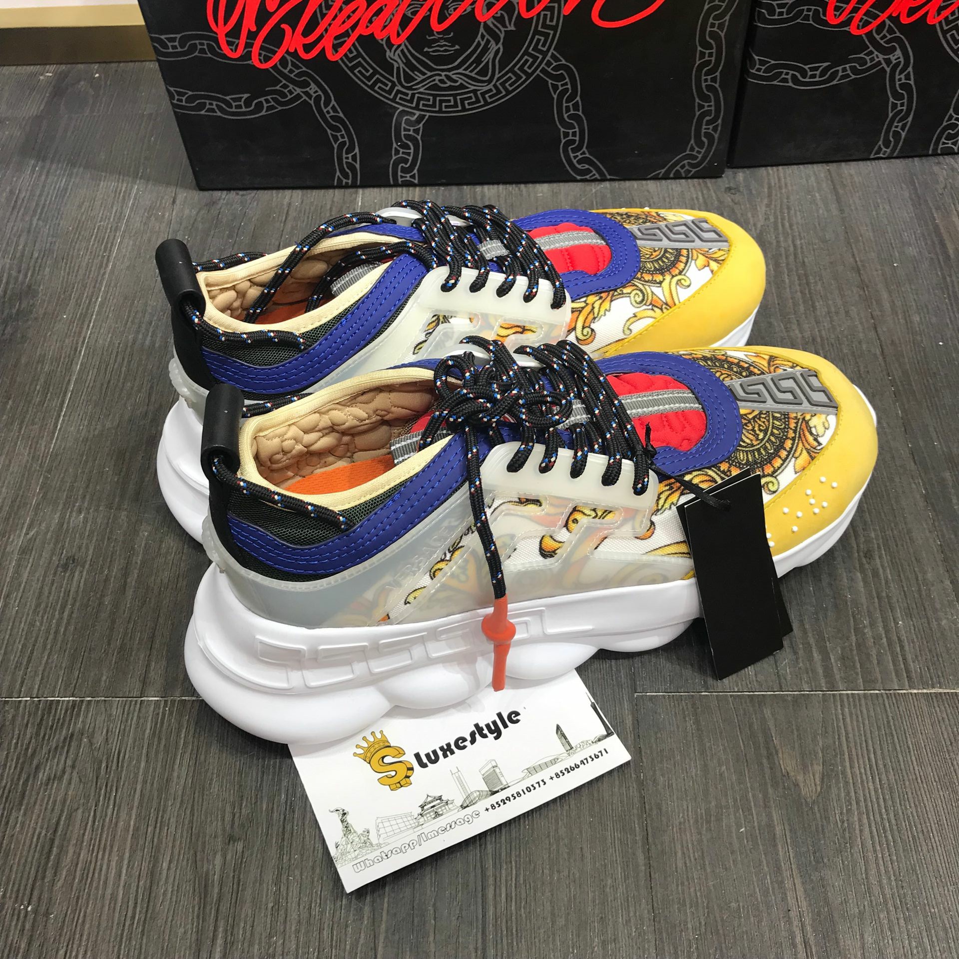 Versace Sneakers Yellow toe and gold hibiscus print with white rubber sole MS09319