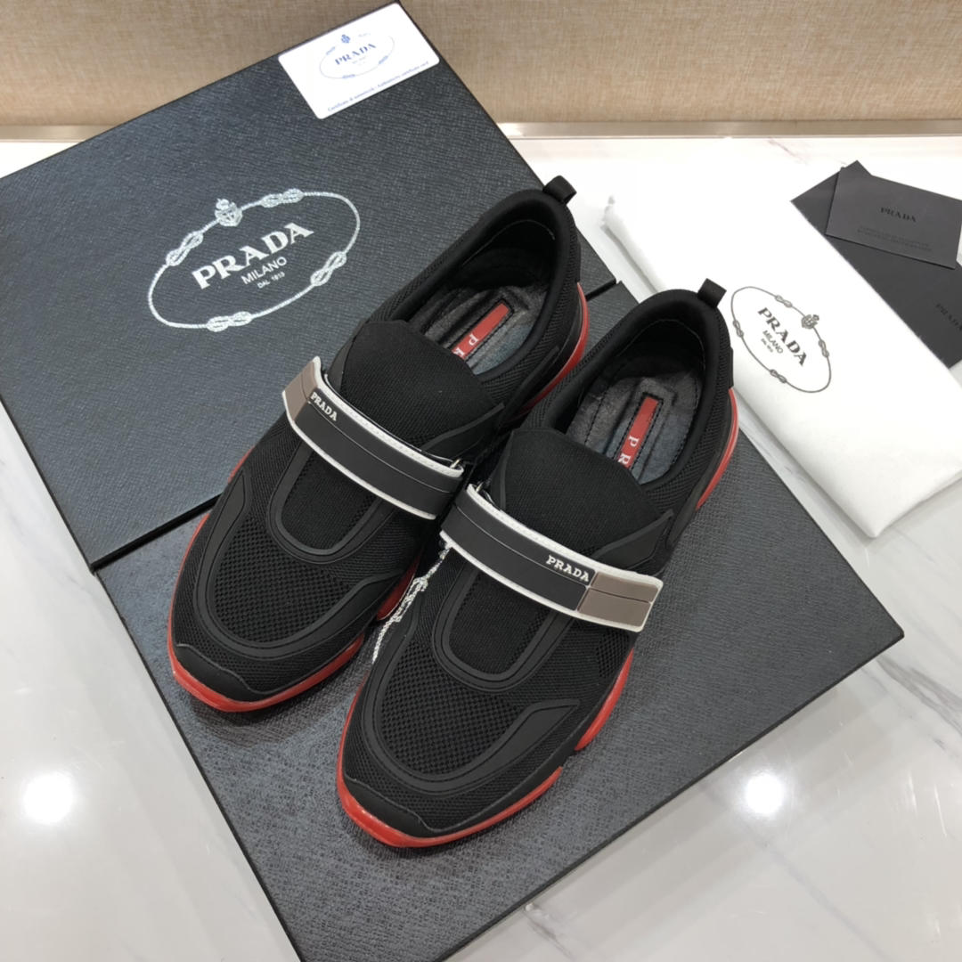 Prada Perfect Quality Sneakers Black and white laces with red soles MS071320