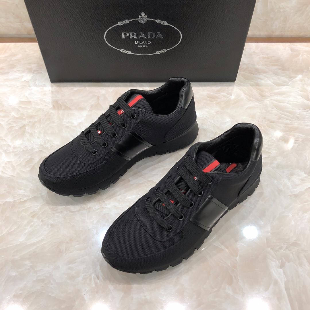 Prada Perfect Quality Sneakers Black and black leather heel with black sole MS071314