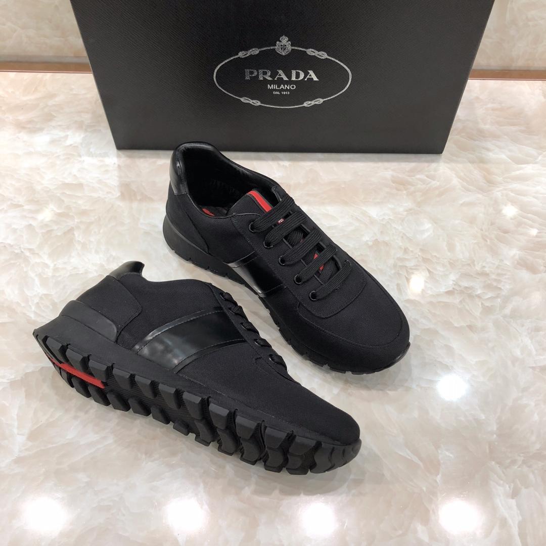 Prada Perfect Quality Sneakers Black and black leather heel with black sole MS071314