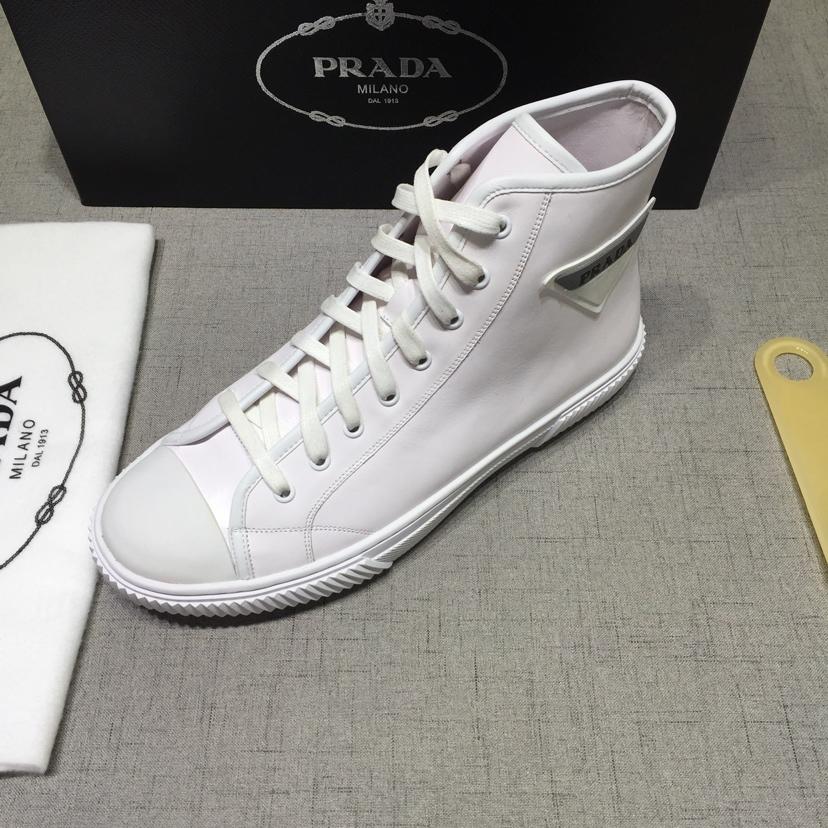 Prada High-top Perfect Quality Sneakers White and Prada logo patches with white sole MS071263