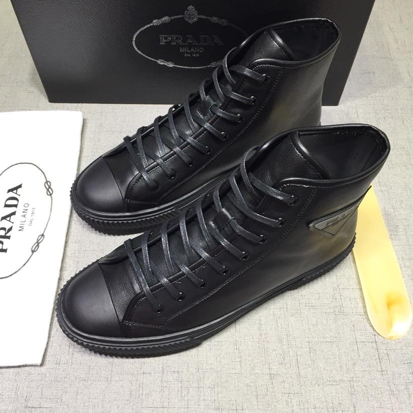 Prada High-top Perfect Quality Sneakers Black and Prada logo patch with black sole MS071264
