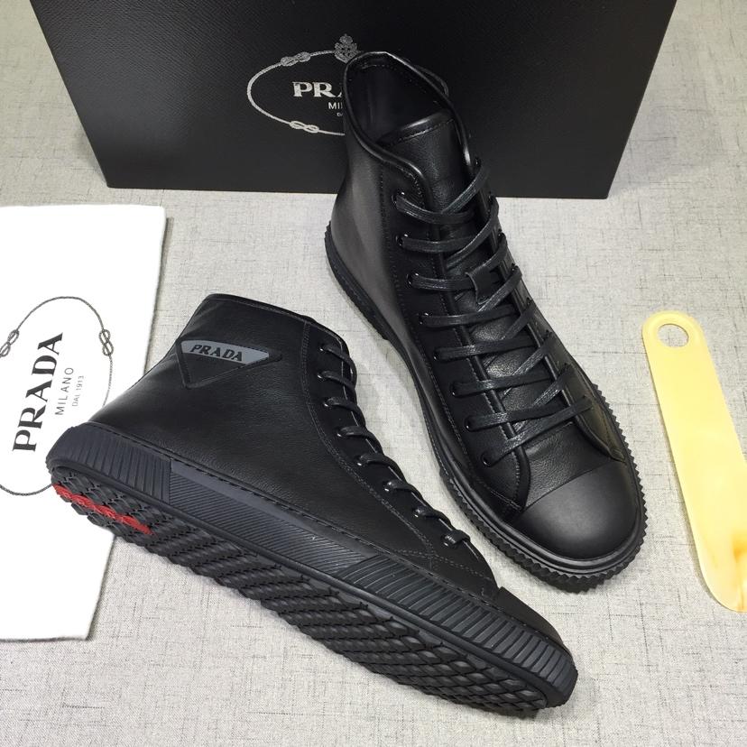 Prada High-top Perfect Quality Sneakers Black and Prada logo patch with black sole MS071264