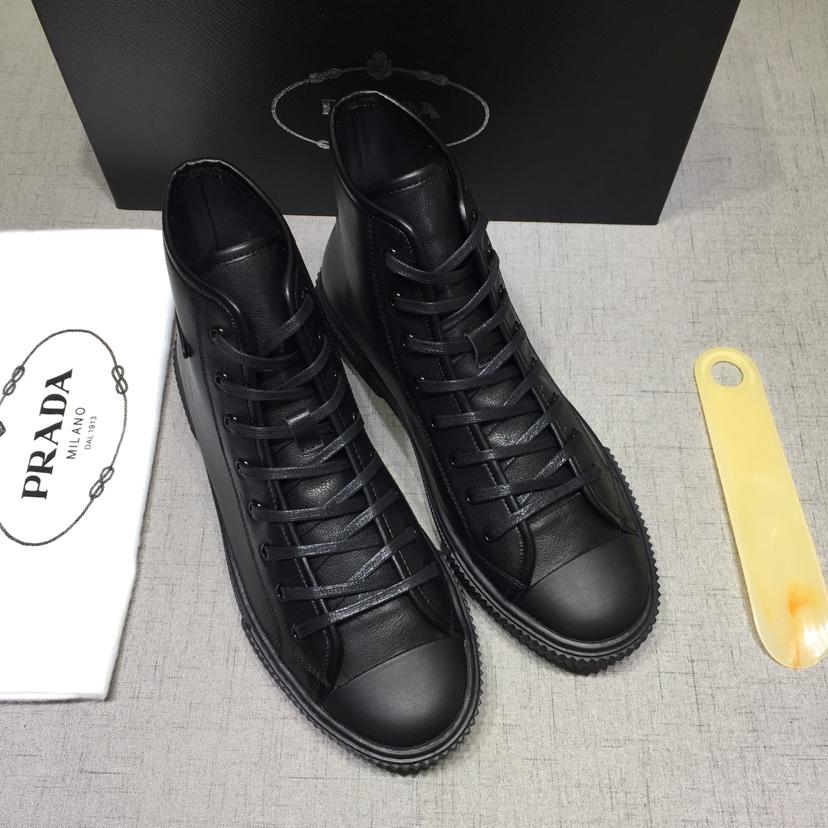 Prada High-top Perfect Quality Sneakers Black and Prada logo patch with black sole MS071264