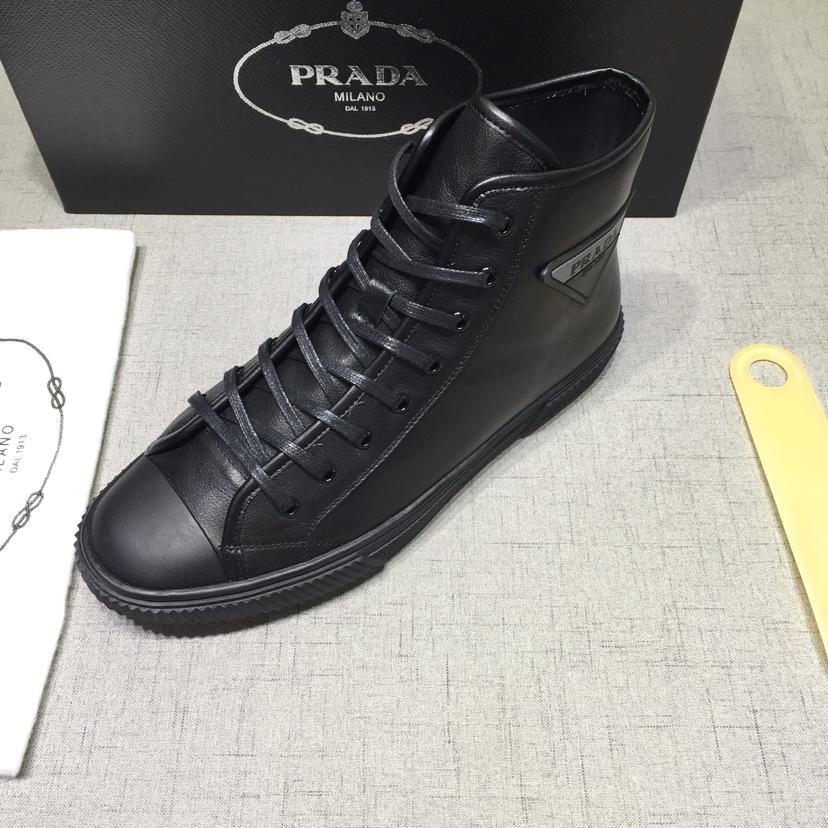 Prada High-top Perfect Quality Sneakers Black and Prada logo patch with black sole MS071264