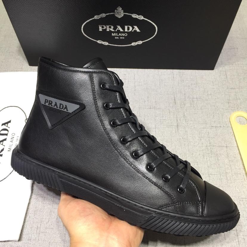 Prada High-top Perfect Quality Sneakers Black and Prada logo patch with black sole MS071264