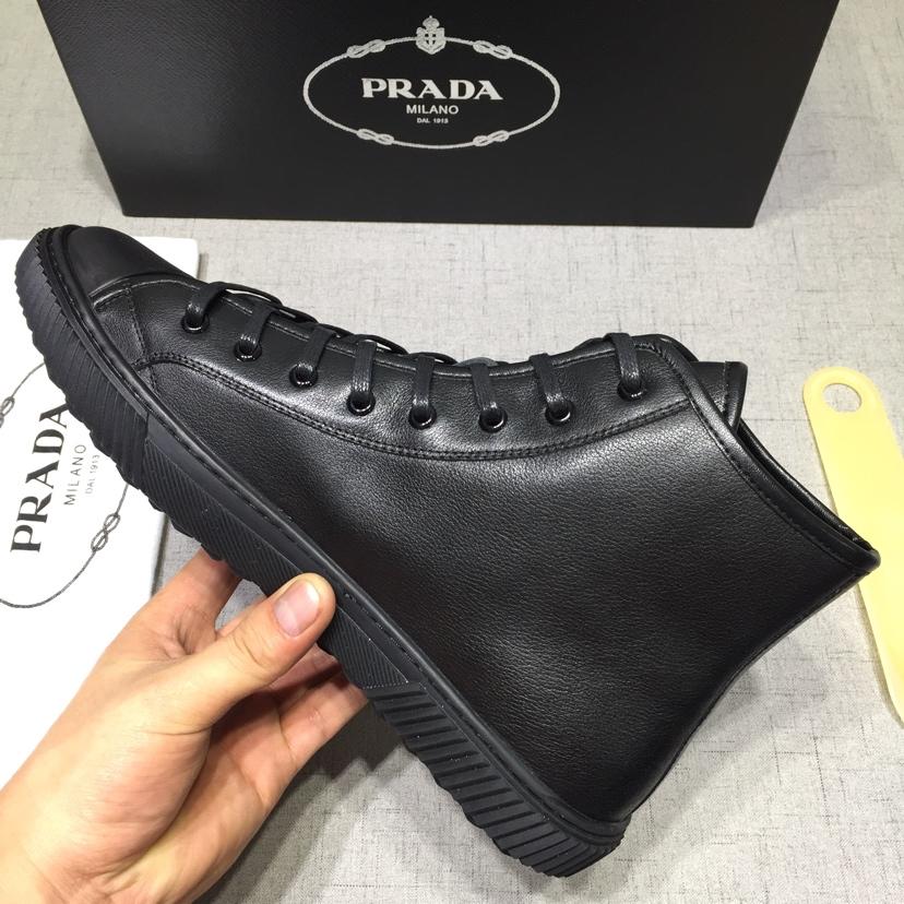 Prada High-top Perfect Quality Sneakers Black and Prada logo patch with black sole MS071264