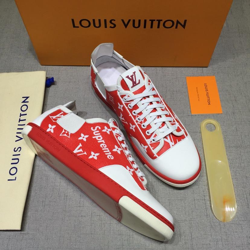 lv Perfect Quality Sneakers White and red Monogram Surpreme print with white sole MS071019