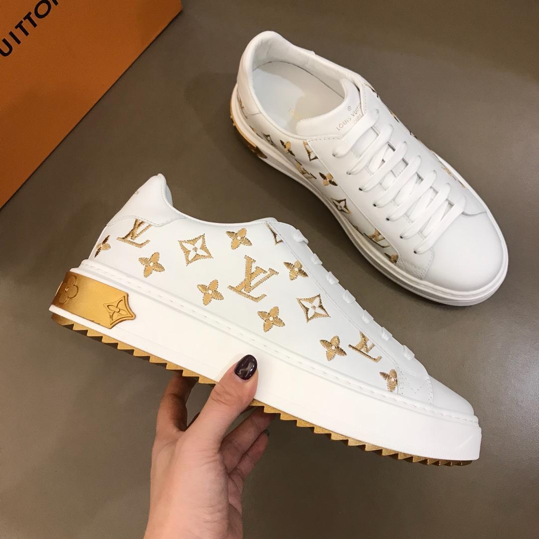 lv Perfect Quality Sneakers White and Gold Monogram Embroidery with White Sole MS02846