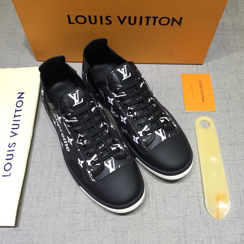 lv Perfect Quality Sneakers Black and Black Monogram Surpreme Print with White Sole MS071020