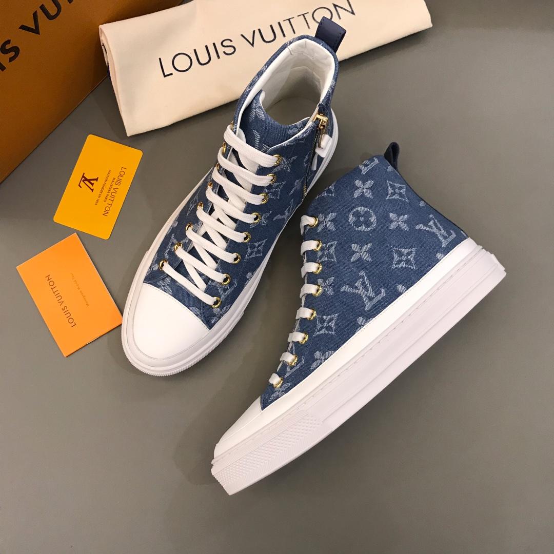 lv High-top Fashion Sneakers Blue and Monogram Flower print with white sole MS02895