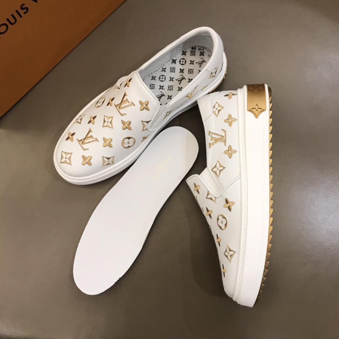 lv Fashion Sneakers White and Gold Monogram Embroidery with White Sole MS02852