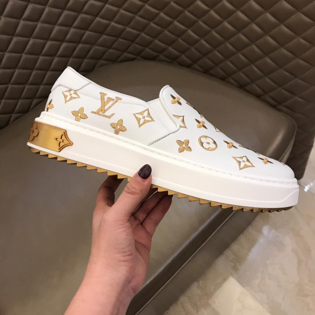 lv Fashion Sneakers White and Gold Monogram Embroidery with White Sole MS02852