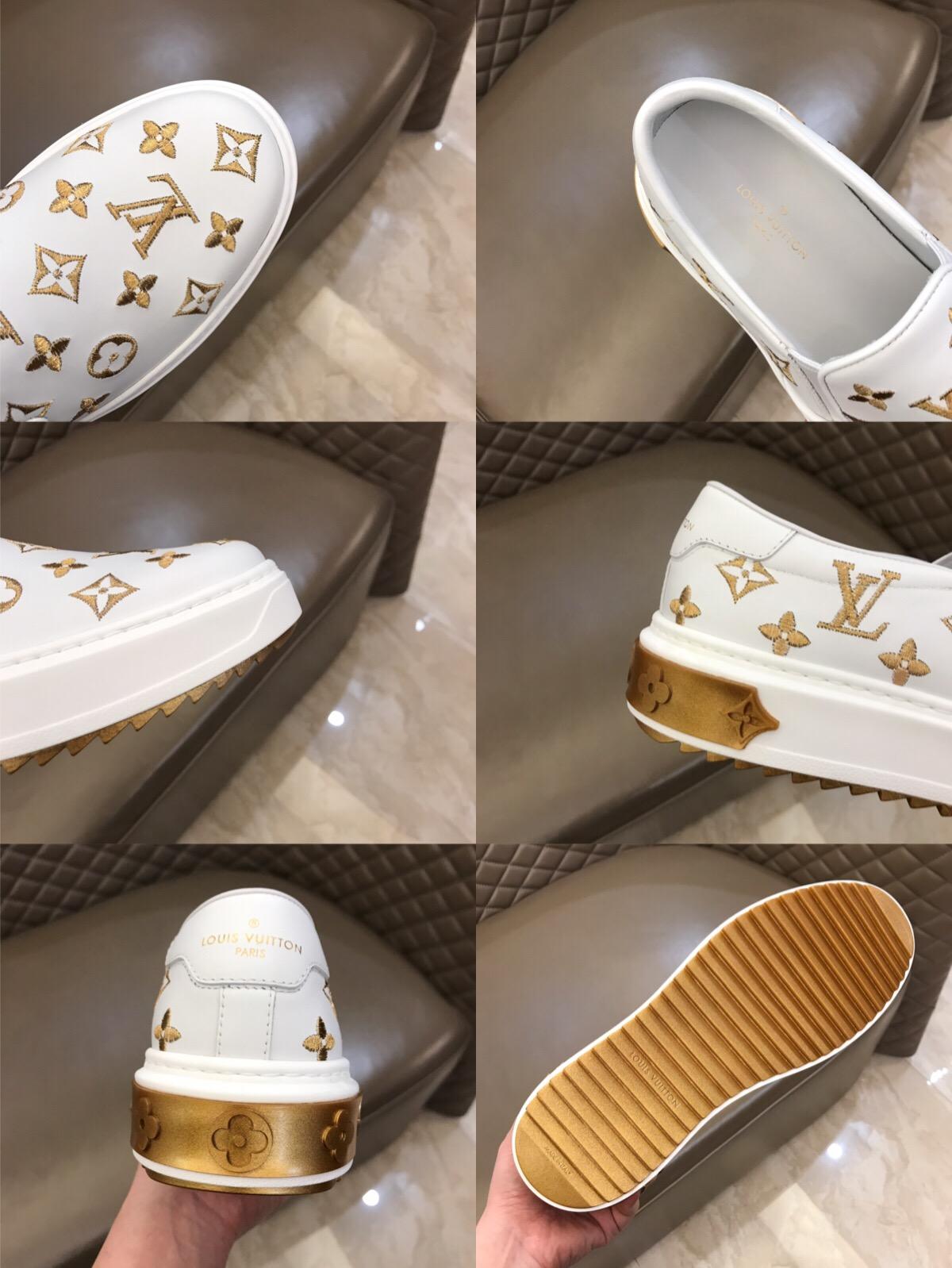 lv Fashion Sneakers White and Gold Monogram Embroidery with White Sole MS02852