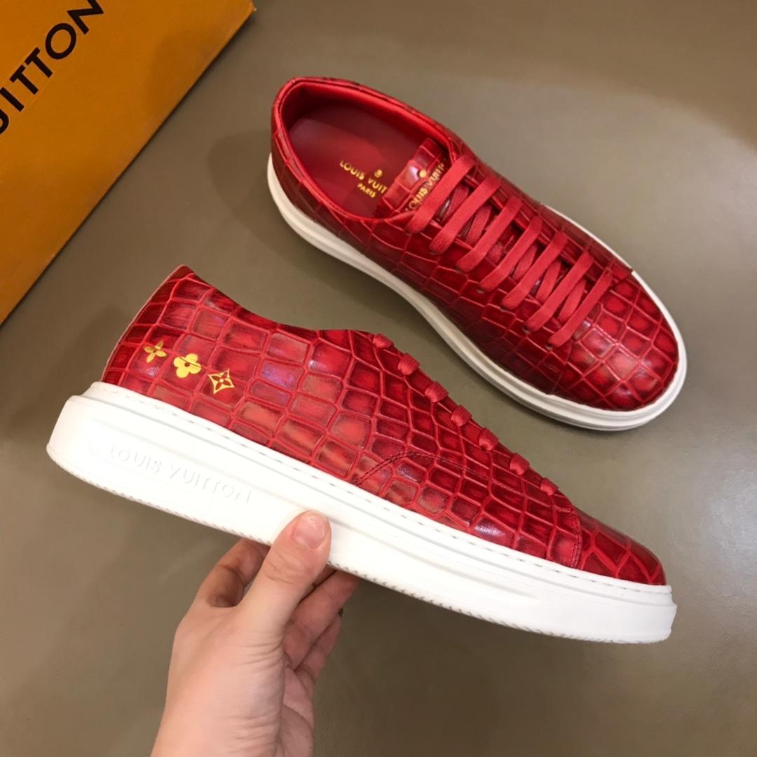 lv Fashion Sneakers Red crocodile skin and gold Monogram Flower pattern with white sole MS02879