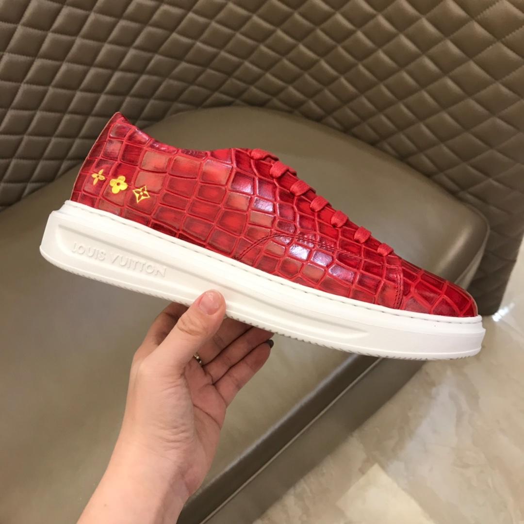 lv Fashion Sneakers Red crocodile skin and gold Monogram Flower pattern with white sole MS02879