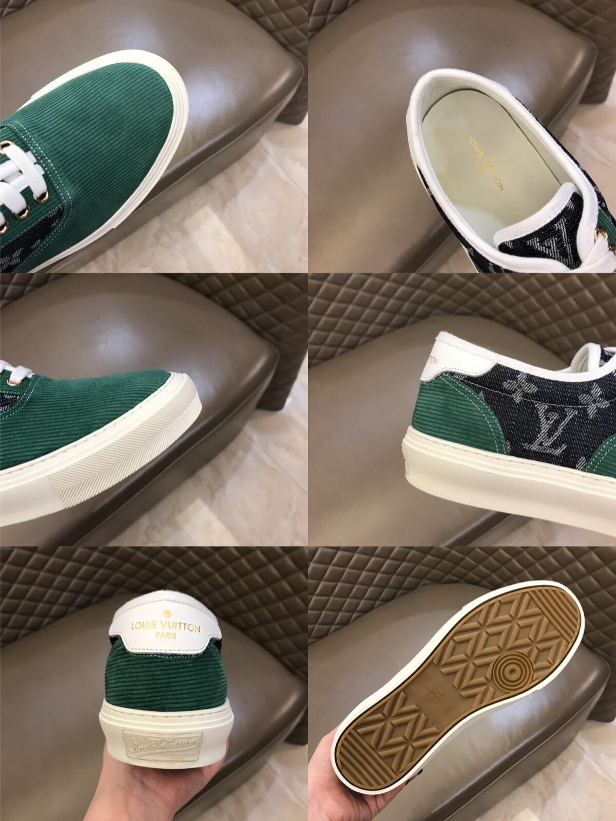 lv Fashion Sneakers Green suede and black Monogram canvas with white sole MS02875