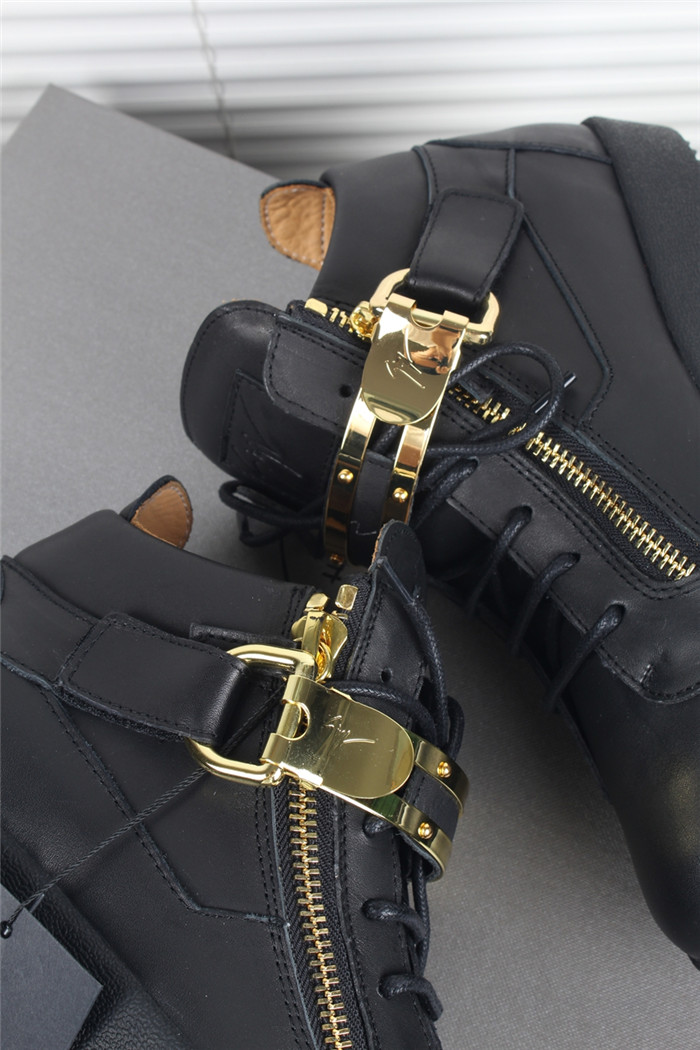 High Quality Giuseppe Zanotti Black Double Bar Strap Leather Mid Top Sneaker