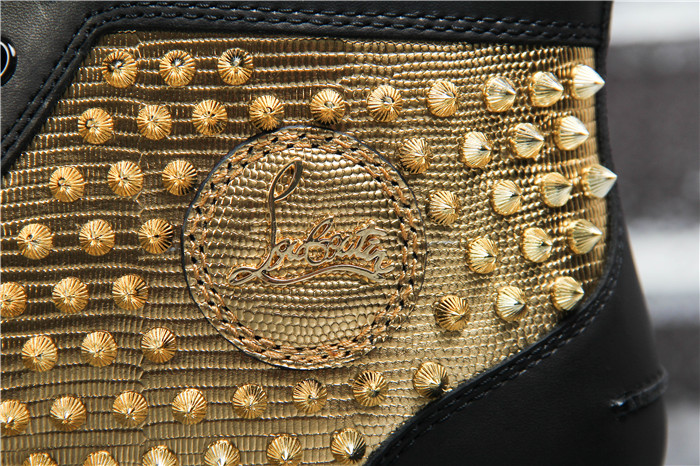 High Quality Christian Louboutin Yang Louis Flat Gold Leather Laminato Black Sneakers