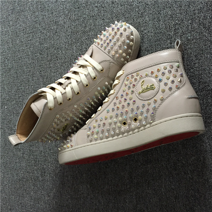 High Quality Christian Louboutin White Ivory Louis Spikes Flat High-Top Sneakers