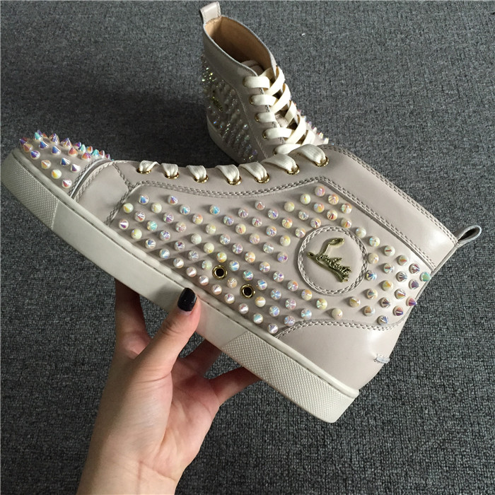 High Quality Christian Louboutin White Ivory Louis Spikes Flat High-Top Sneakers