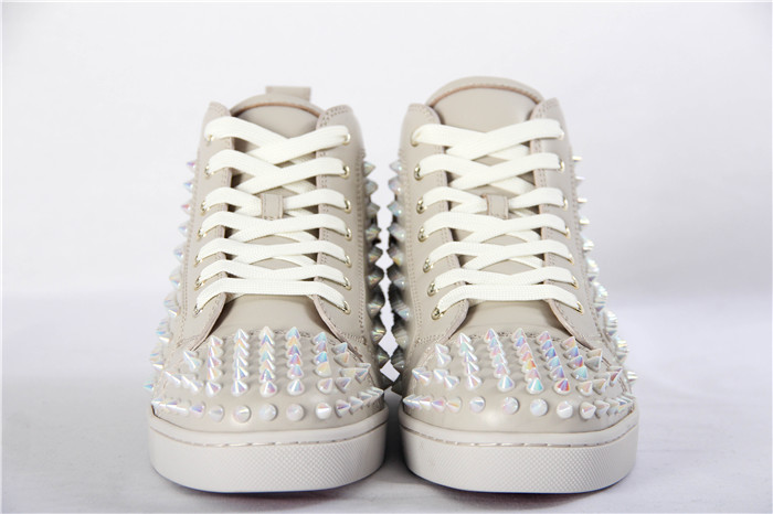 High Quality Christian Louboutin White Ivory Louis Spikes Flat High-Top Sneakers